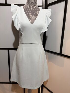 French Connection White V-Neck Ruffle Sleeve Mini